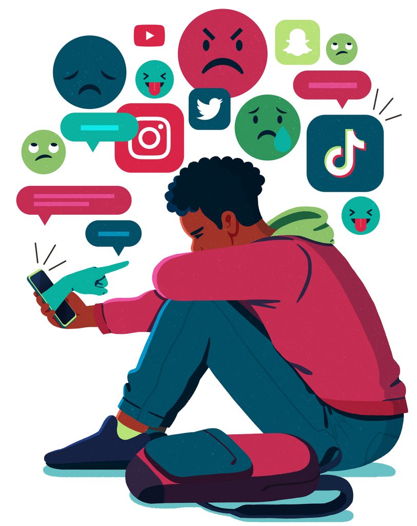 An illustration showing a young person surrounded with threatening emojis and symbols
