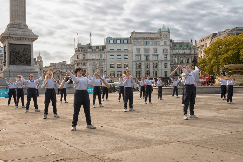 Cadets perform a physical training display on Trafalgar Square 