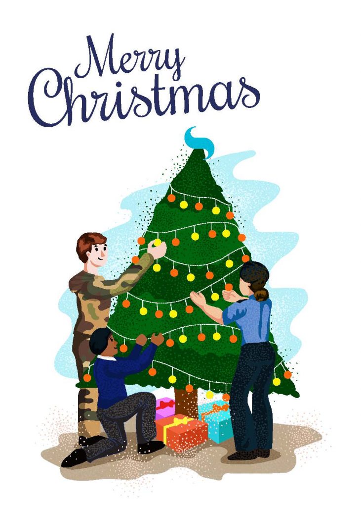 An illustration of cadets decorating a Christmas tree together