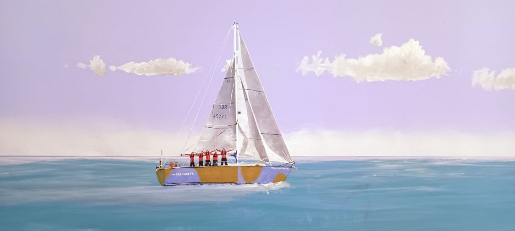 the new mural shows a sailboat heading towards the horizon on a calm blue sea