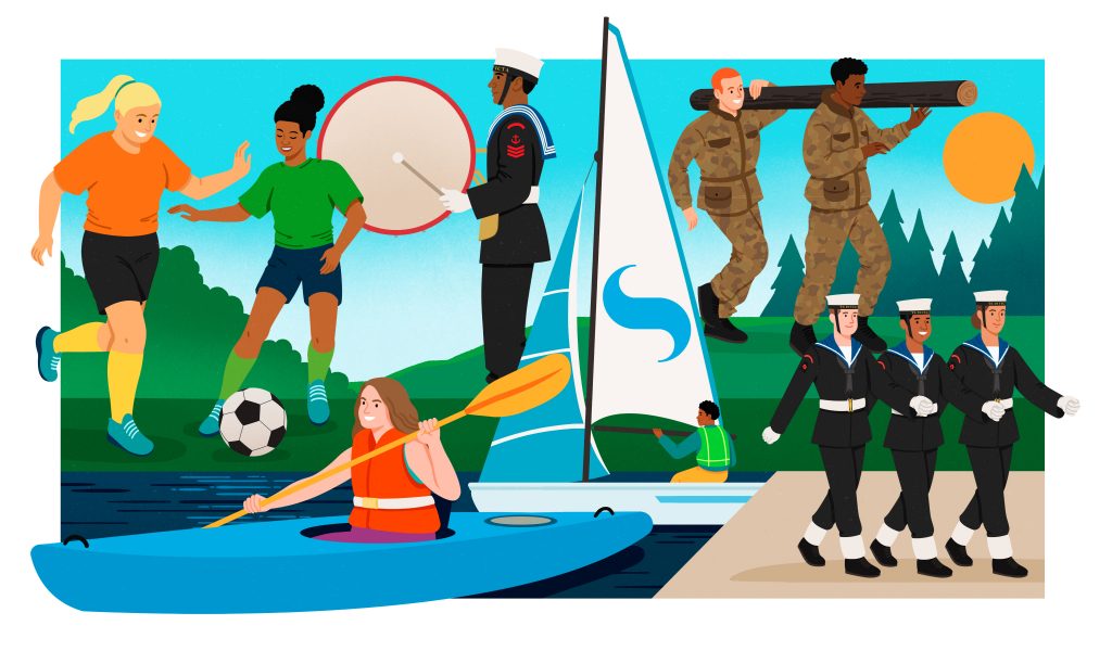 illustration collage showing cadets taking part in the different competitions