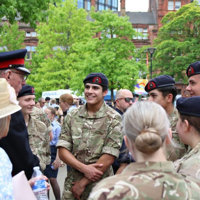 Cadets from Eastern Area Sheffield Unit chat with the Lord Mayor, Cllr Safiya Saeed, and Deputy Lieutenant of South Yorkshire, Lt Col Robert McPherson MBE