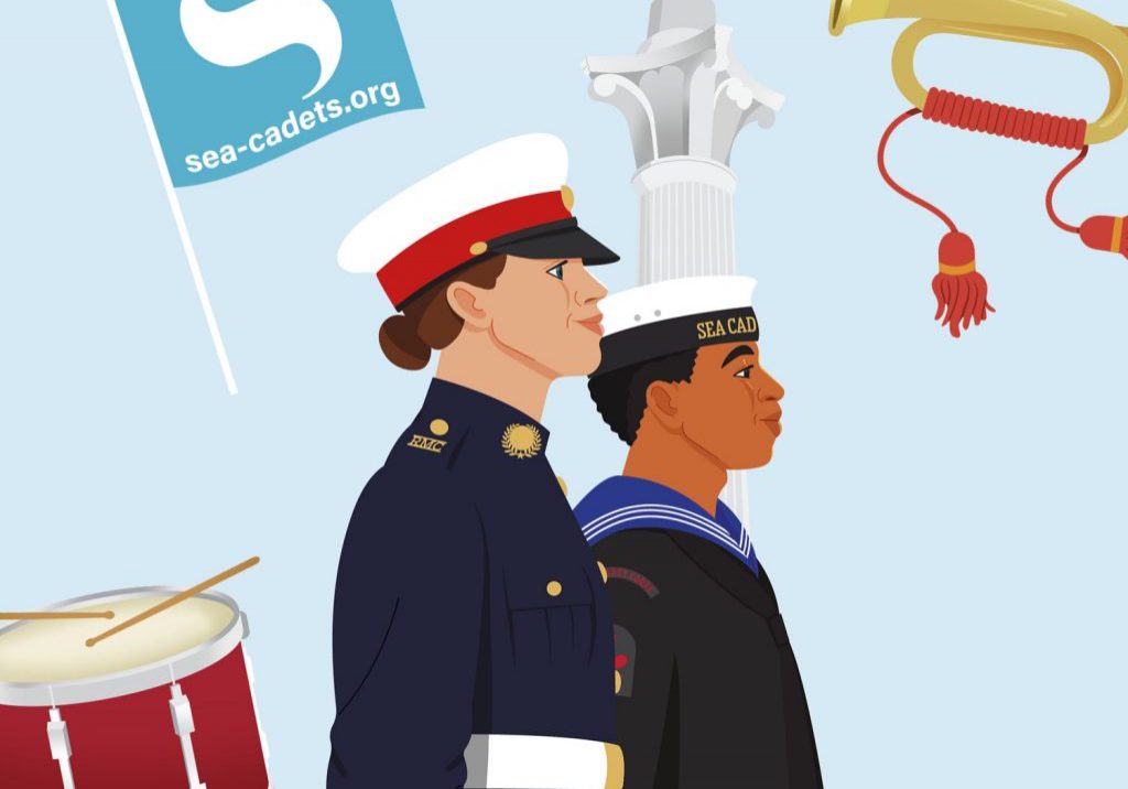 Trafalgar Day illustration showing two cadets, Nelson's column, a Sea Cadets flag, a bugle and a drum