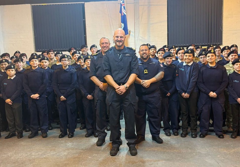 WO1 Liam Hoddy RN with Newark Unit before rowing the Atlantic with HMS Oardacious – who finished an amazing seventh out of 43 vessels!