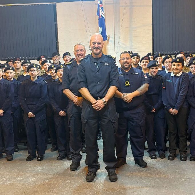 WO1 Liam Hoddy RN with Newark Unit before rowing the Atlantic with HMS Oardacious – who finished an amazing seventh out of 43 vessels!
